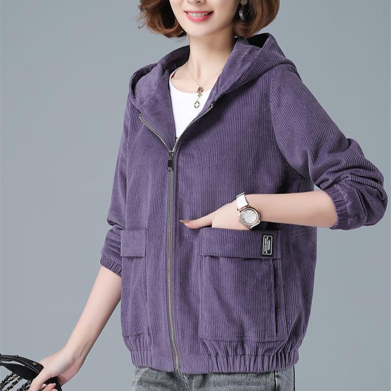 Short Corduroy Spring Coat Womens Autumn New Korean Loose Solid Hooded Jacket Fashion Casual Female Zipper Coat Tops