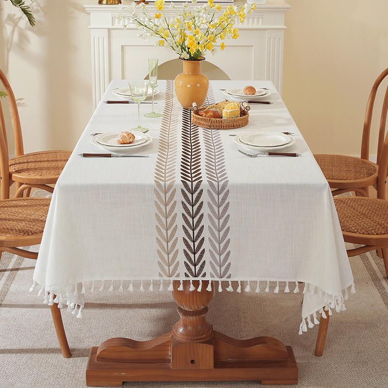 Nordic Embroidered Cotton Linen Tablecloth with Tassels - Dustproof Rectangular Cover for Dining or Coffee Table