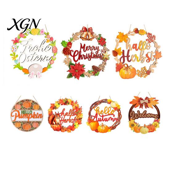 Indoor Outdoor Seasonal Decoration Autumn Harvest Wooden Wreath Pendant, Front Door Hanging Ornaments with Hemp Rope, Natural Wood Sign Pumpkins Maple