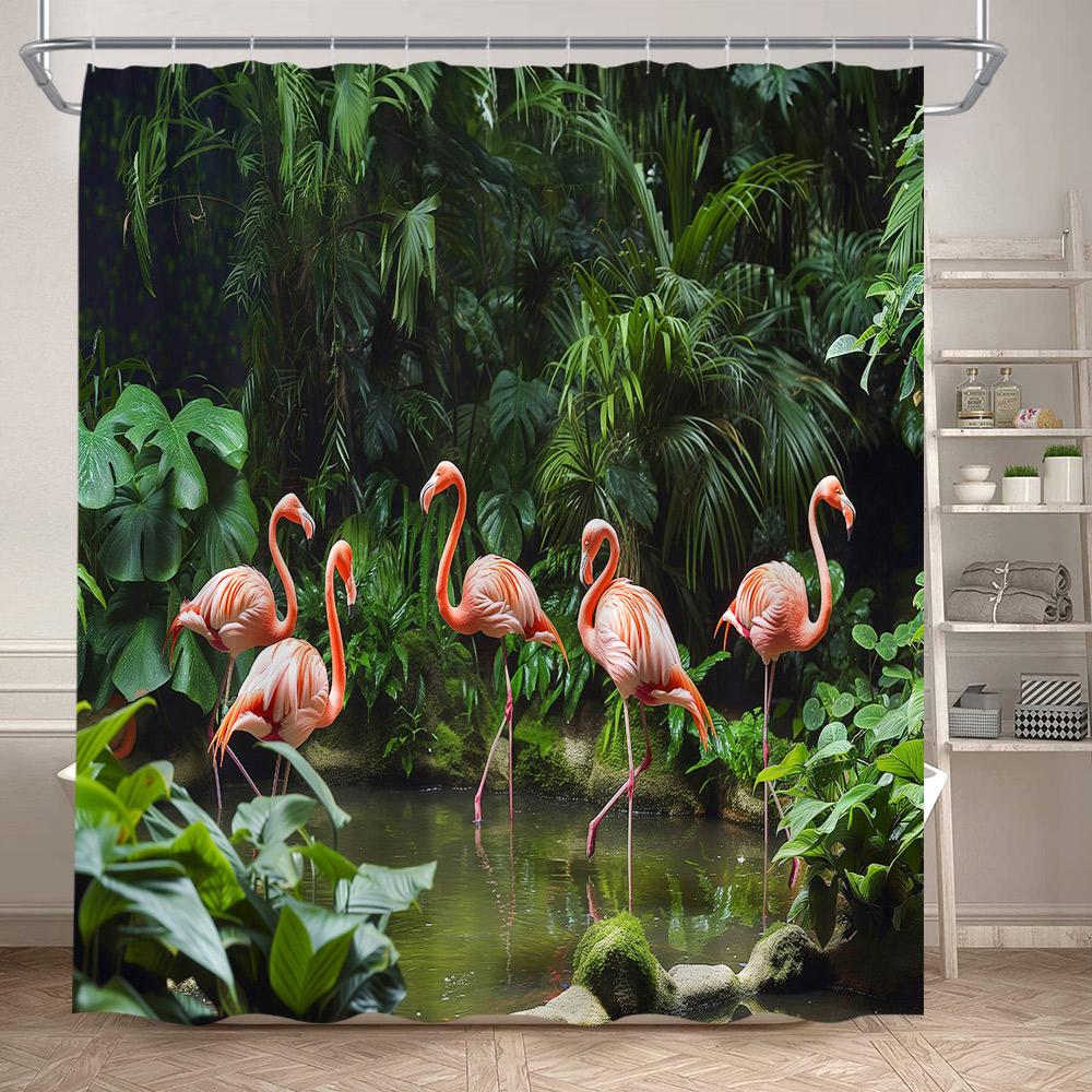 Shower Curtain, Tropical Flamingo Jungle Waterproof Polyester Bathroom Curtain With Hooks, Palm Tree Lotus Flower Decor Bath Cur
