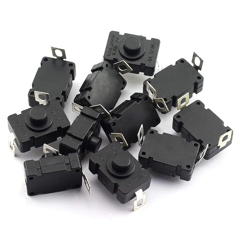 10pcs Self-Lock Push Button Switch KAN-28 for Flashlight SMD Type ON-Off Mini Switch (Bent Pin with Hole)