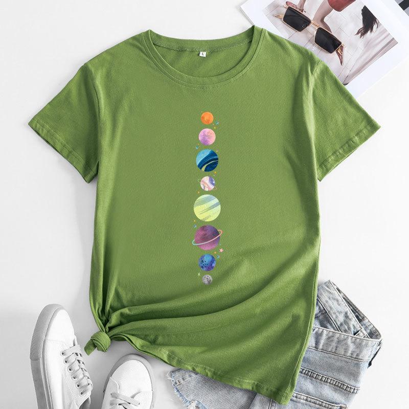 Summer Round Neck Planet Pattern Printed Top Fashionable Casual Short Sleeved Women's Pure Cotton T-shirts