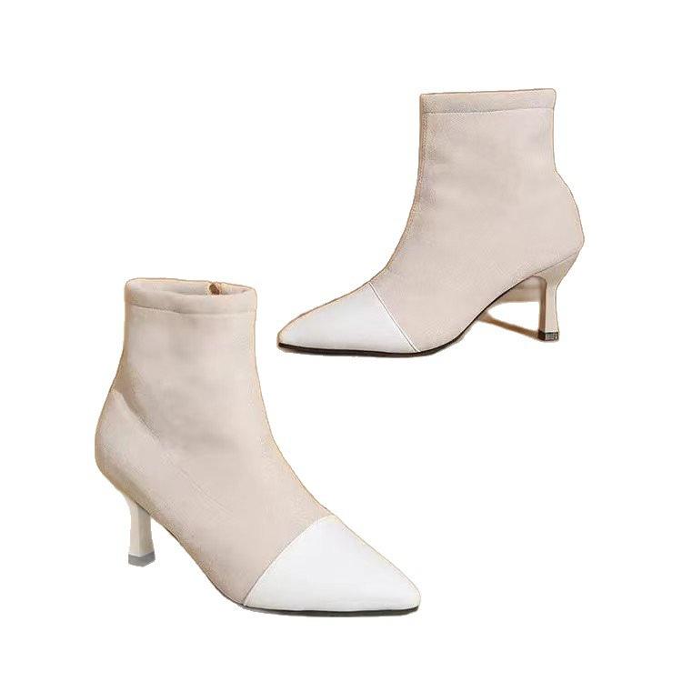 Pointed thin heel short boots autumn new French temperament elastic high heel socks boots thin heel boots