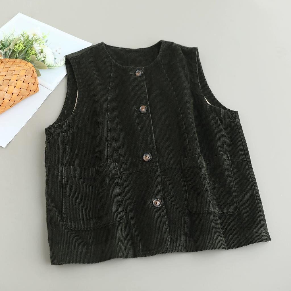 Dimanaf 2025 New Short Corduroy Jacket Vest Autumn Sleeveless Retro Coat Buttons Women Solid