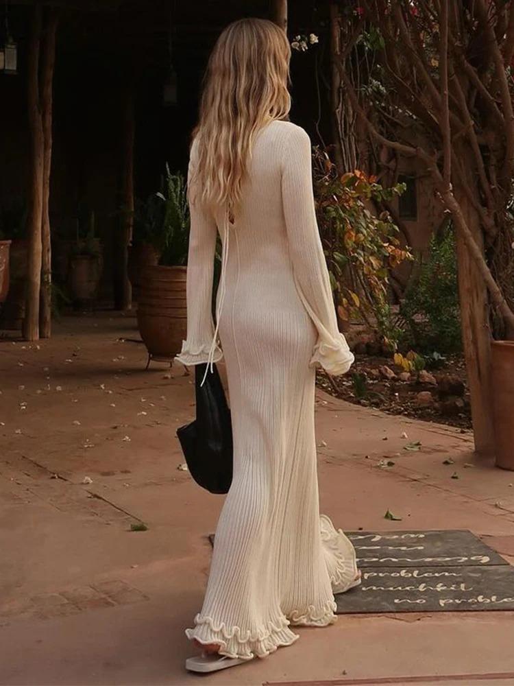 Elegant Flared Long Sleeve O-Neck Dress Women Casual Lace Fishtail Slim Party Dresses Female Fshion Chic Solid Summer Streetwear Dress