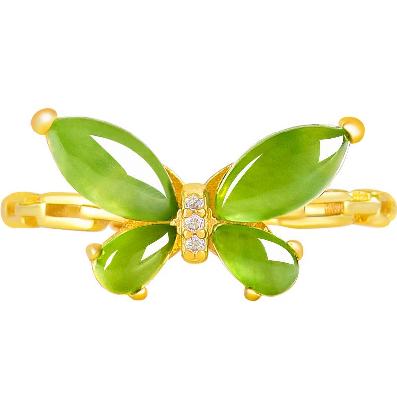 Genuine Hotan Jade & Emerald Butterfly Ring in S925 Silver - Unisex Fashion Accessory Adjustable