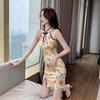 Retro girl print improved cheongsam summer new sexy sleeveless slim short split hip wrap dress women