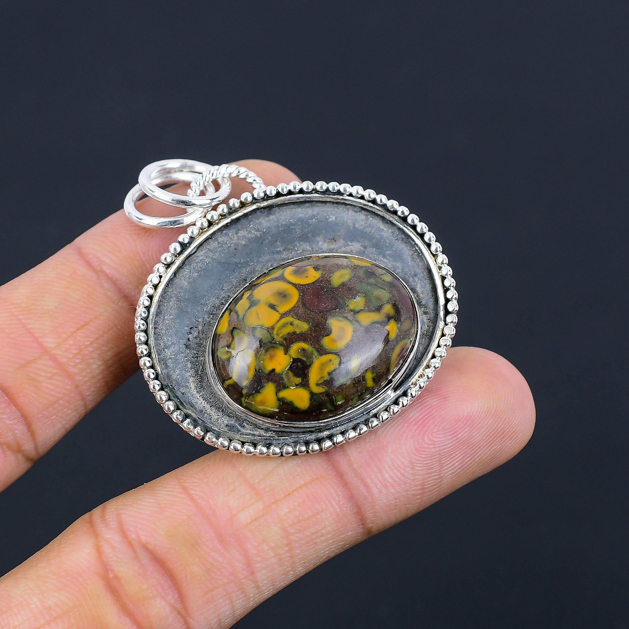 

Oval Fruit Jasper Gemstone 925 Sterling Silver Boho Mother Bezel Wedding Pendant