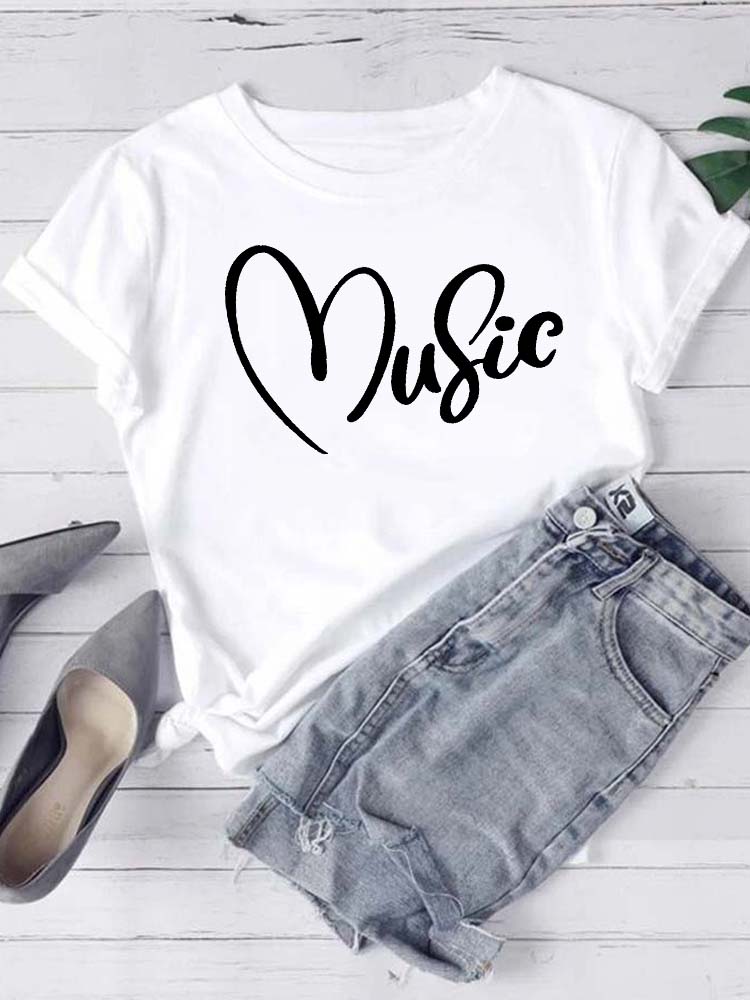 T-shirt Mode Femme Imprimé Notes de Musique T-shirt Décontracté Hauts Noirs Années 90 Dames Filles T-shirt FeUnisex Harajuku T-shirt Graphique