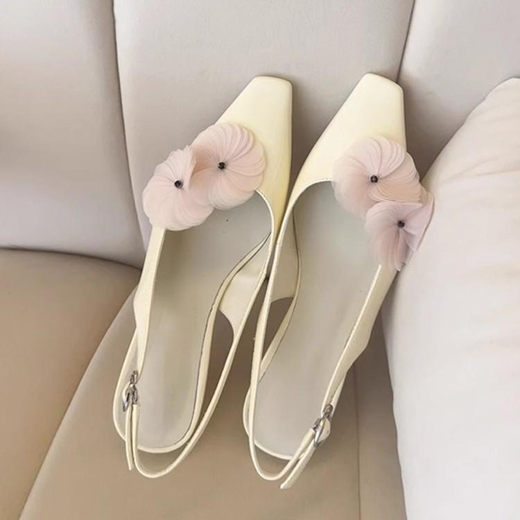 Sheepskin version~ French temperament flower design bag head rear empty sandals fairy style square head temperament light mouth single shoes