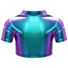 Girls Jazz Dance Top Metallic Short Sleeve Round Neck Crop Tee for Cheerleading Stage Performance