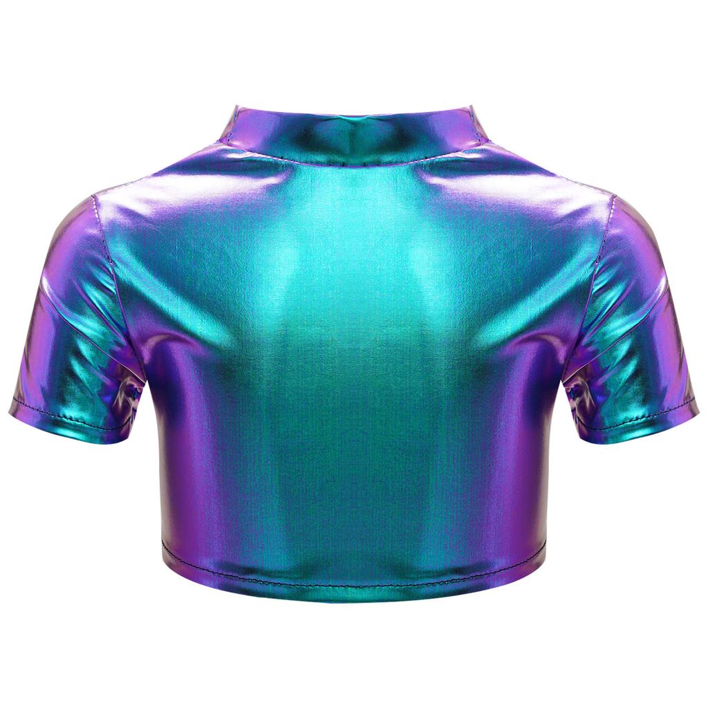 Girls Jazz Dance Top Metallic Short Sleeve Round Neck Crop Tee for Cheerleading Stage Performance