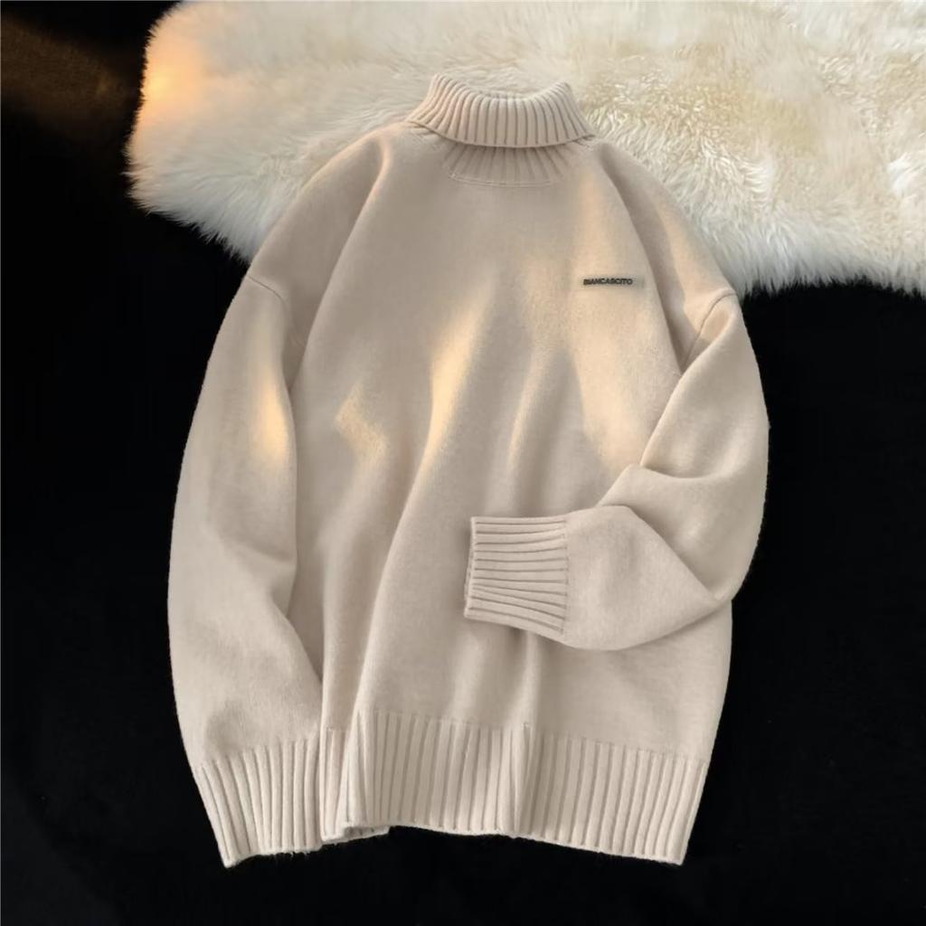American Turtleneck Sweater Men's Autumn and Winter Thickened Loose Lazy Style High-end Knitted Sweater Japanese Retro Warm Interior