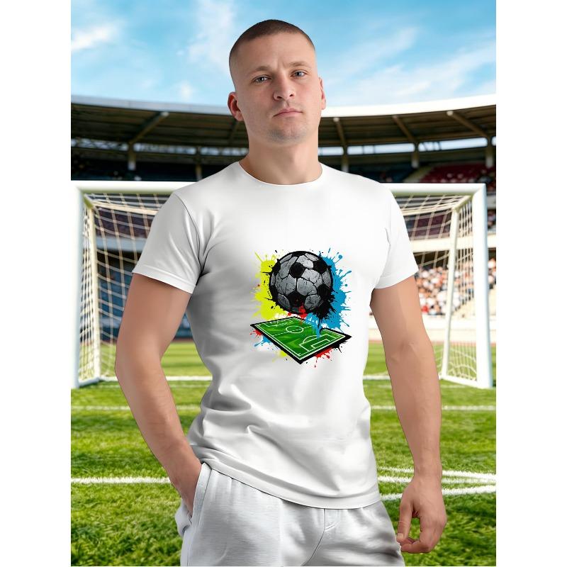 European Size Sports Style Printed T-Shirt, Soccer Ball And Football Field Short Sleeve, Durable Print, Skin-Friendly Lightweight Fabric