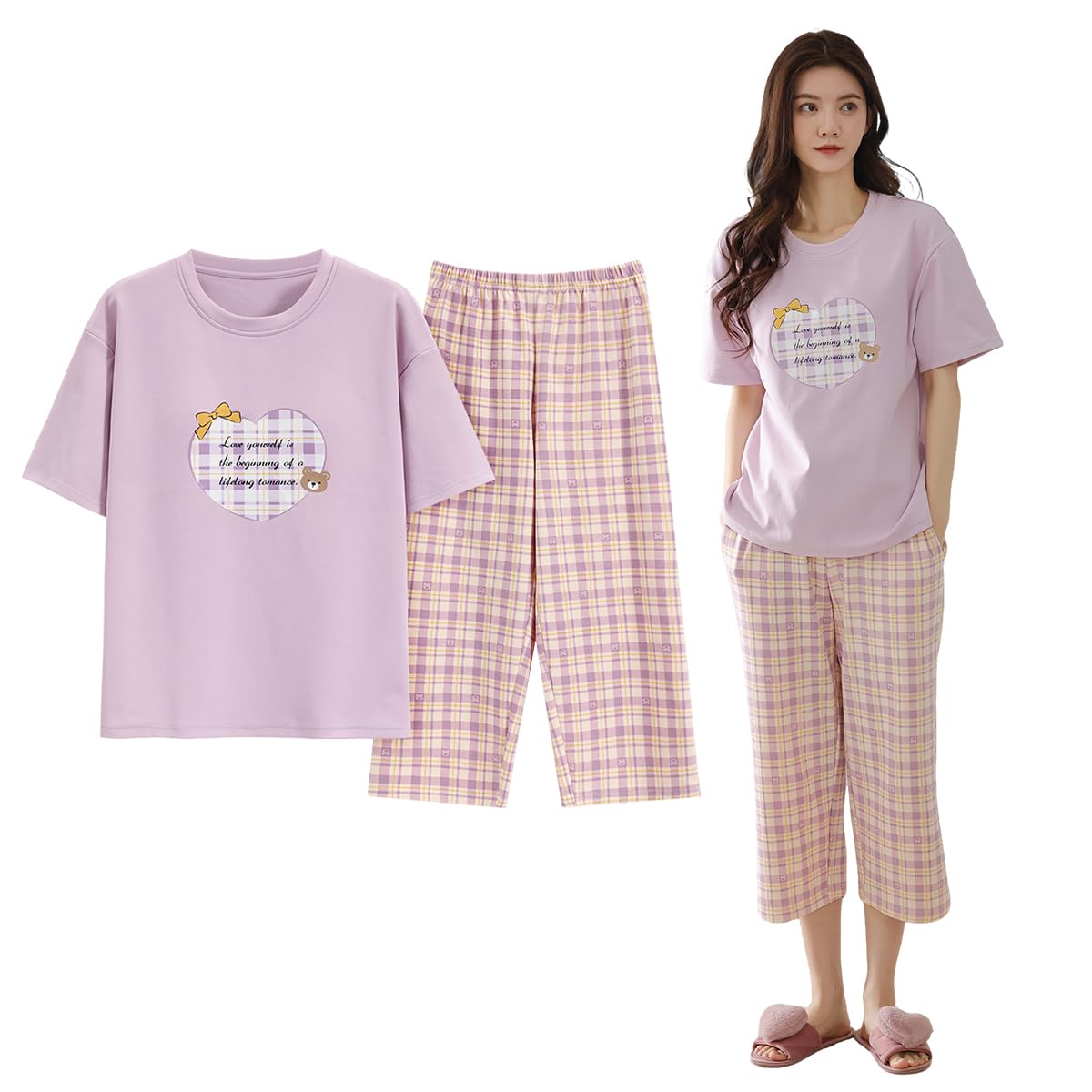 

Cotton Lightweight Pajama Short Sleeve Top with Bra Pants [Yogwoo] Women s 100% Set, Breathable, Summer, & 3/4