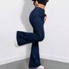 Damen Mittelhoch Hohe Taille Weiter Bein Jeans Tiefblau Gewaschen Baumwolle Stretch Schlaghosen