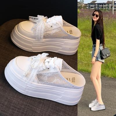 7908 suela gruesa aumento de altura interior malla perezoso un pedal bolsa cabeza zapatillas de casa mujer verano versátil casual zapatos blancos