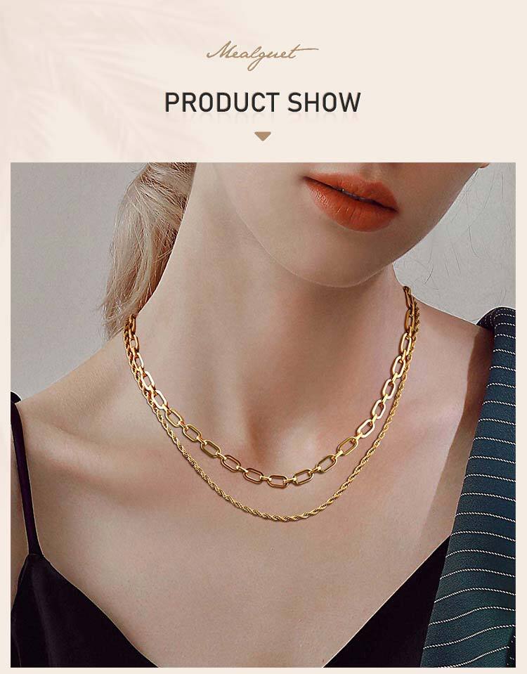 Chunky Chain Rope Link Stackable Necklace for Women, Stainless Steel Minimalist Jewelry, Gold Plated Oval Collar Chain Jewelry