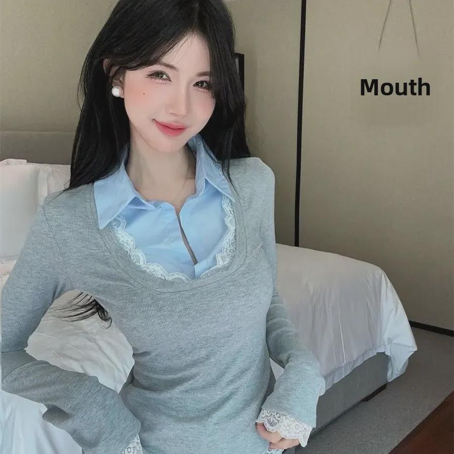 

Women s Slim Fit Lace Lapel Sweater - Early Autumn Style Extra Large серый