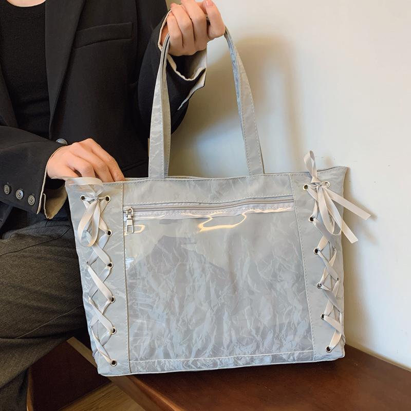 Large capacity bag 2026 new Japanese soft girl ribbon bow portable pain bag transparent shoulder bag