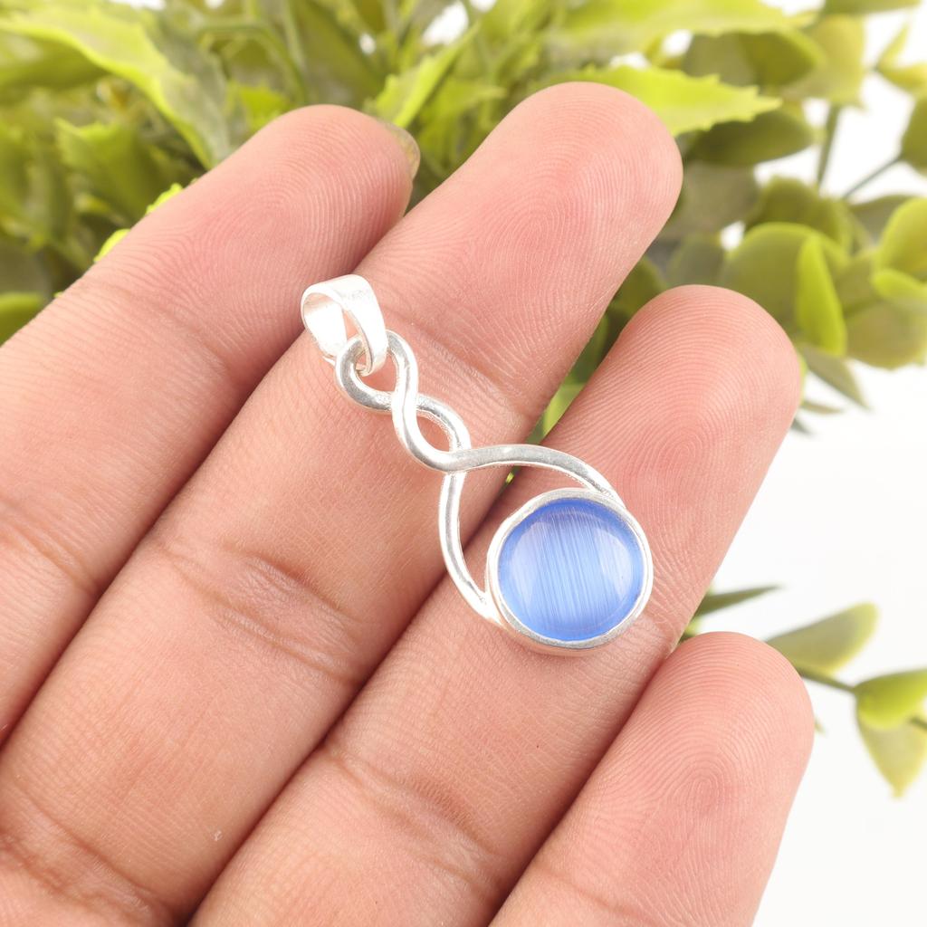 Dark Blue Cat's Eye Gemstone Pendant, 925 Solid Sterling Silver Jewelry, Handmade Designer Pendant Gift For Sister