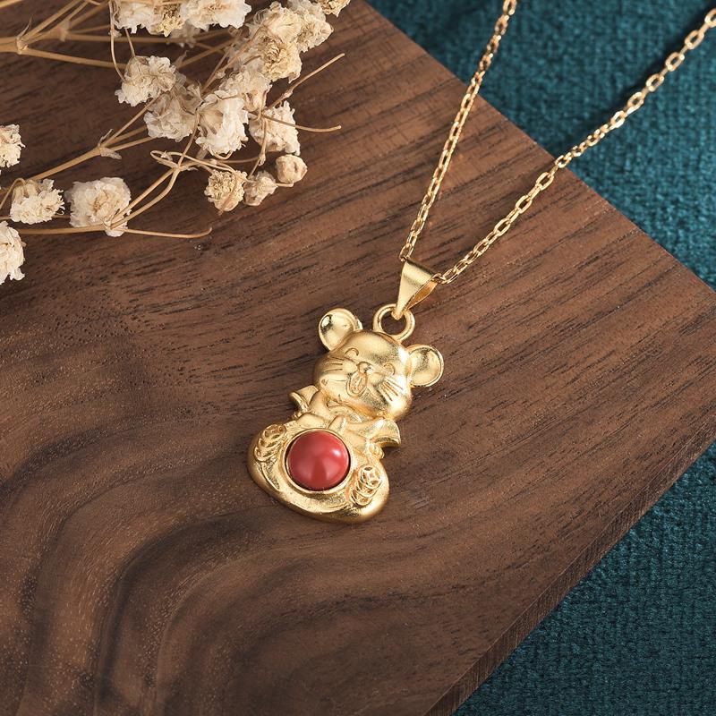 2022 Year of the Tiger Zodiac Gold-Plated Pendant Necklace with Imitation Red Agate