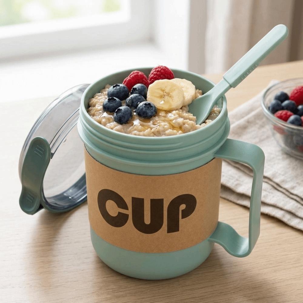Leak Proof Lid Breakfast Cup Built in Spoon Portable Cup Daily Food Mug with Spoon Picnic Camping