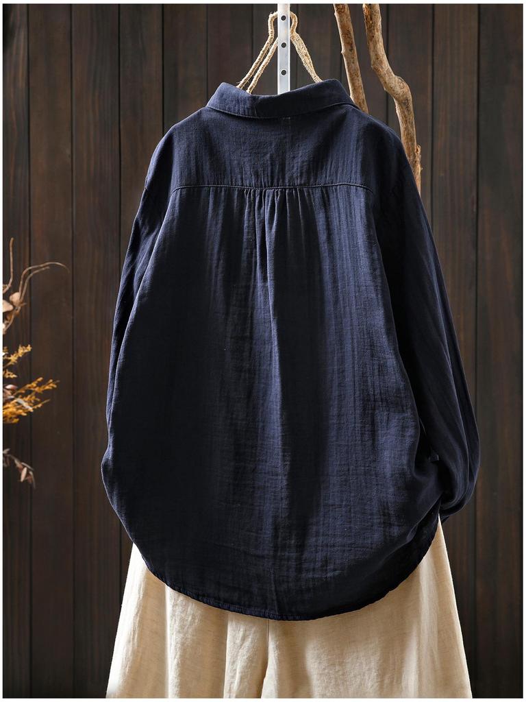 Women's Autumn Double Layer Cotton Long Sleeve Shirt - Solid Color, Casual, Slimming Design