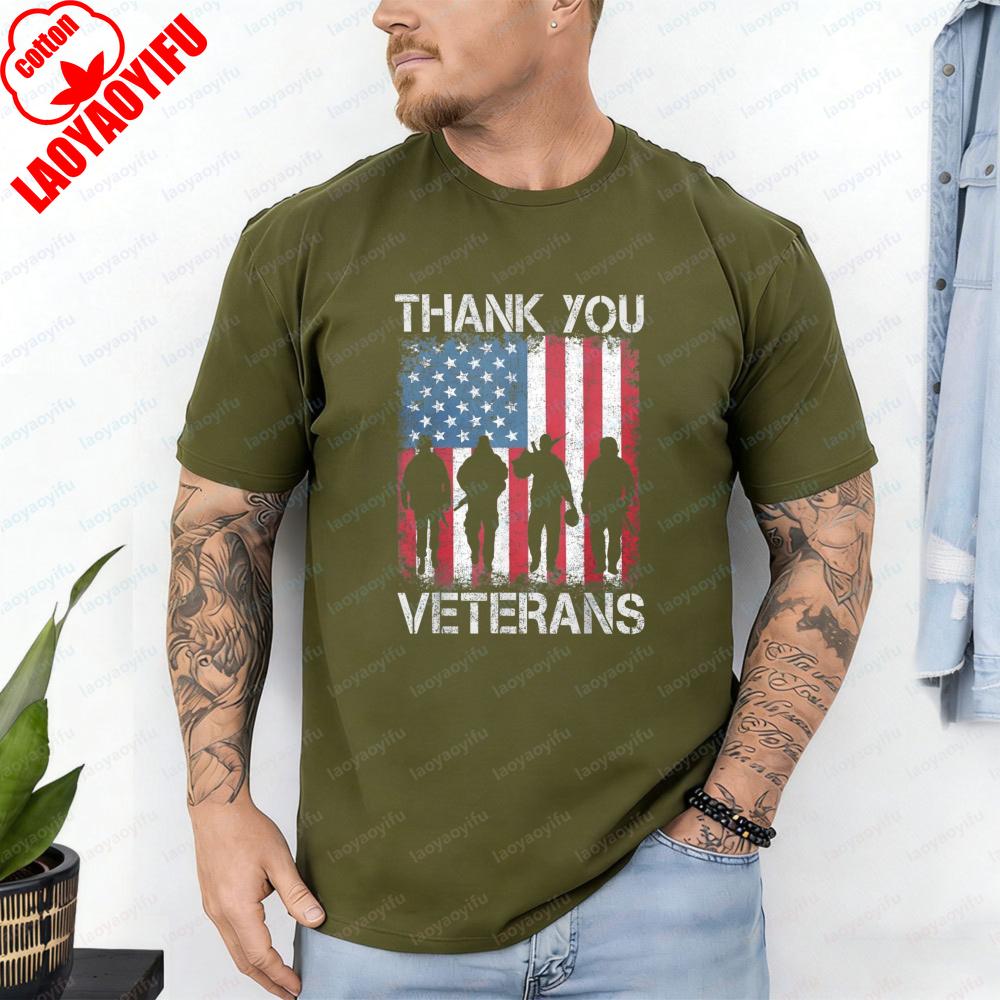 Thank You Veterans TShirt Homme America Flag Soldier Silhouette Patriotic Cotton Tee Veterans Day Vintage Simple Mens Clothes