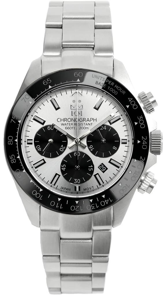 HYAKUICHI 101 Diver's Chronograph Watch, Men's, 20 ATM Water Resistant, Date Display, Quartz Movement, Ceramic Bezel, Silver Panda Design, SSV