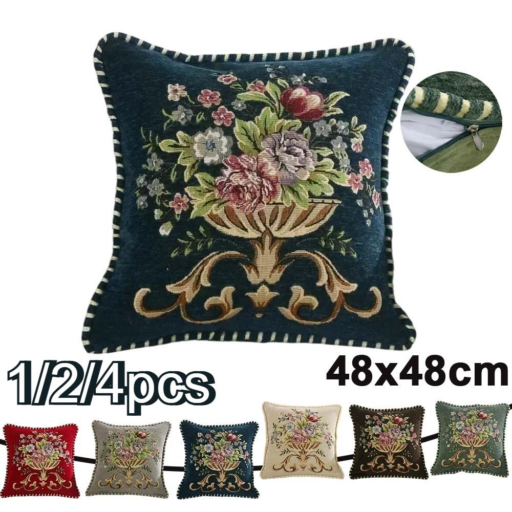 Chenille Jacquard Retro Pillowcase European Style Throw Cushion Cover 48x48cm for Bed Sofa Couch Living Room Bedroom Decorative