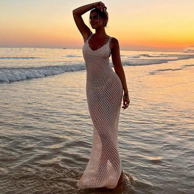 Summer Beach Vacation Long Skirt Women's V-neck Sleeveless Vest Sexy Hollow Knitted Dress