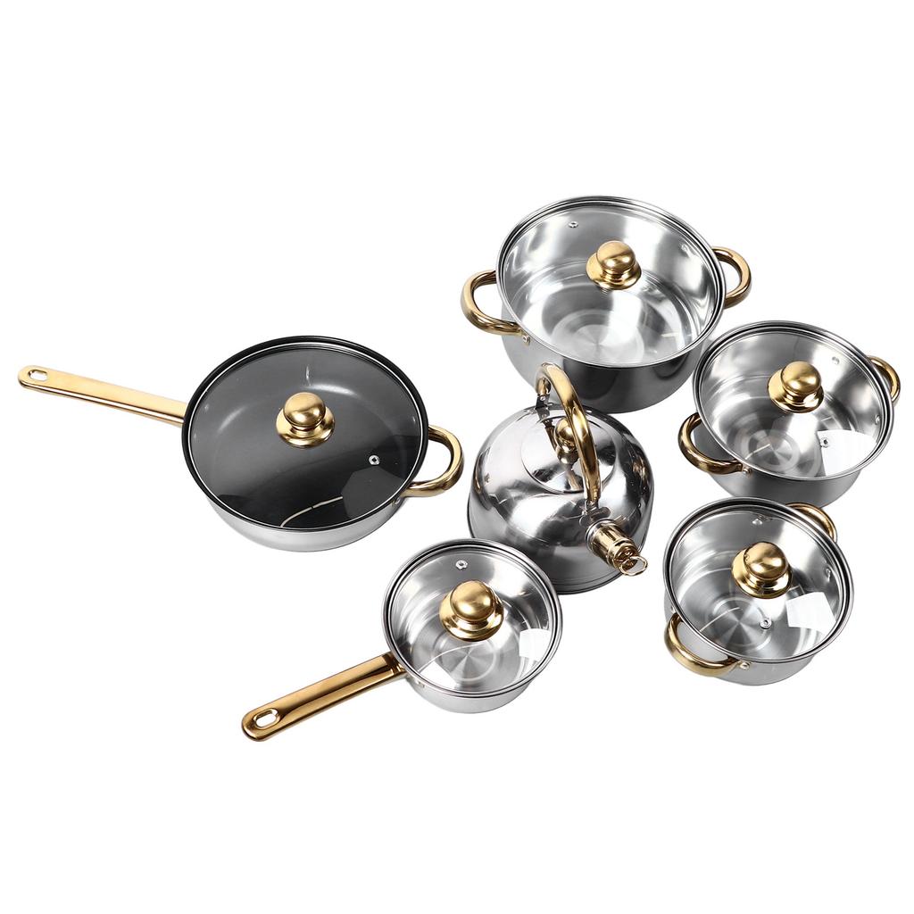 12-teiliges Küchen-Topf-Set aus Edelstahl mit goldenem Griff, glatt, robust, leicht zu reinigen, Kochgeschirr-Set für den Hausgebrauch