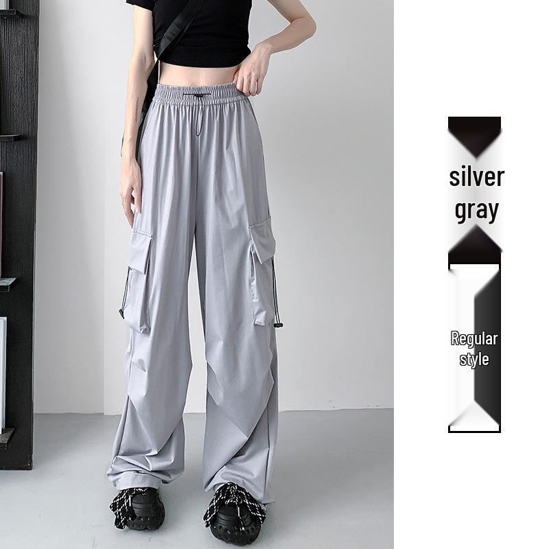 

Women s Gray Wide-Leg High Waist Cargo Pants - 2025 Spring/Autumn Parachute Style XXL серебряный серый