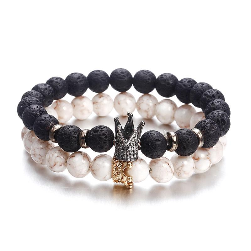 Couple Distance Black Lava Beads Handmade Bracelets Charm Crown Men's Natural Stone Bracelet Women Yoga Jewelry Gift