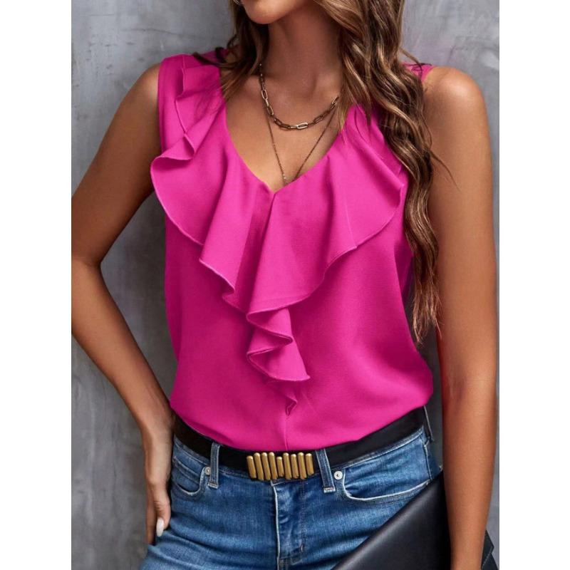 Summer Women's Shirt Fashion Solid Colour Lace V-Neck Sleeveless Top