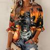 Women's Halloween Print Three-Quarter Sleeve Round Neck Blouse with Tie Front and Ruffle Hem