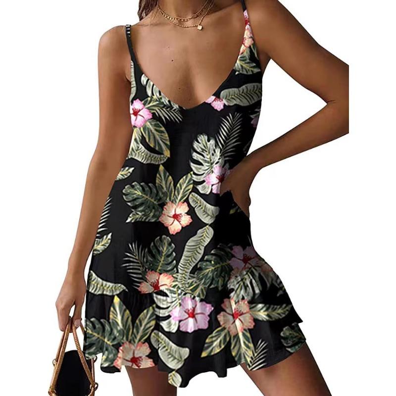 Women's Loose Casual Print V-neck Cami Beach Dress