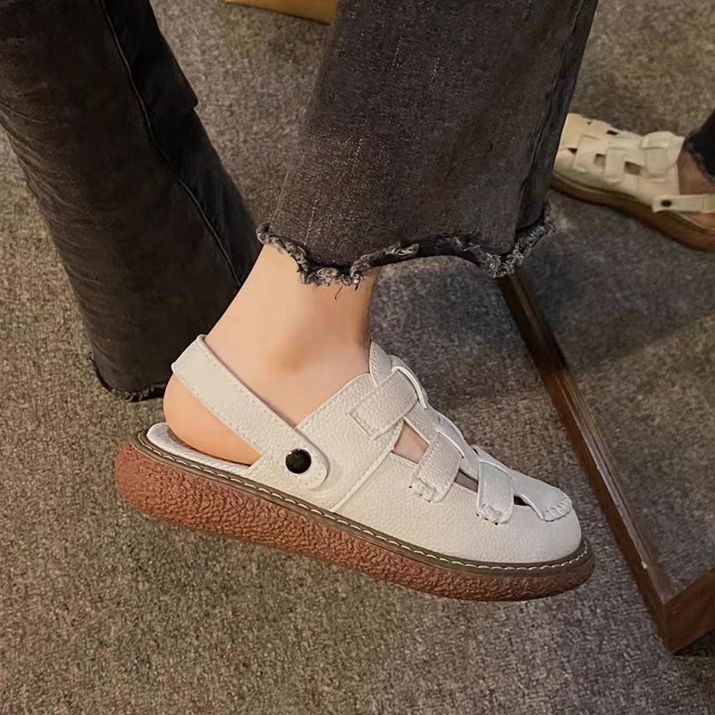 White big head ugly cute Boken half slippers 2025 summer new baotou hollowed Mori versatile Roman sandals women