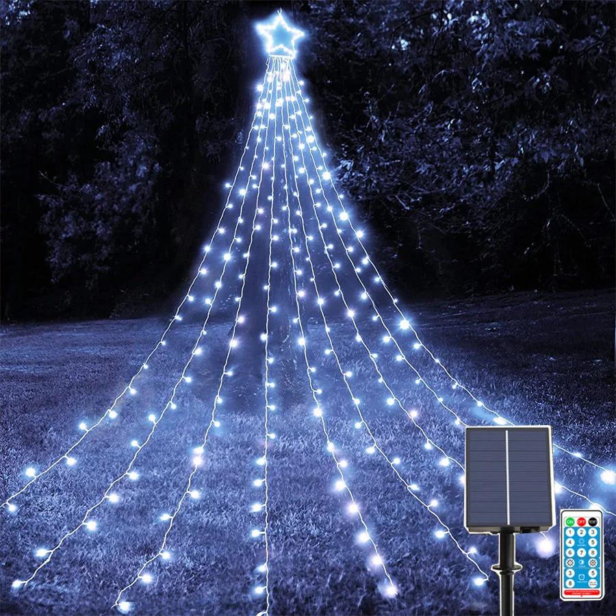 9X3.5M 350 LED Solar Christmas Waterfall Star String Light Outdoor Christmas Tree Topper Star Fairy Light Solar Garland Light