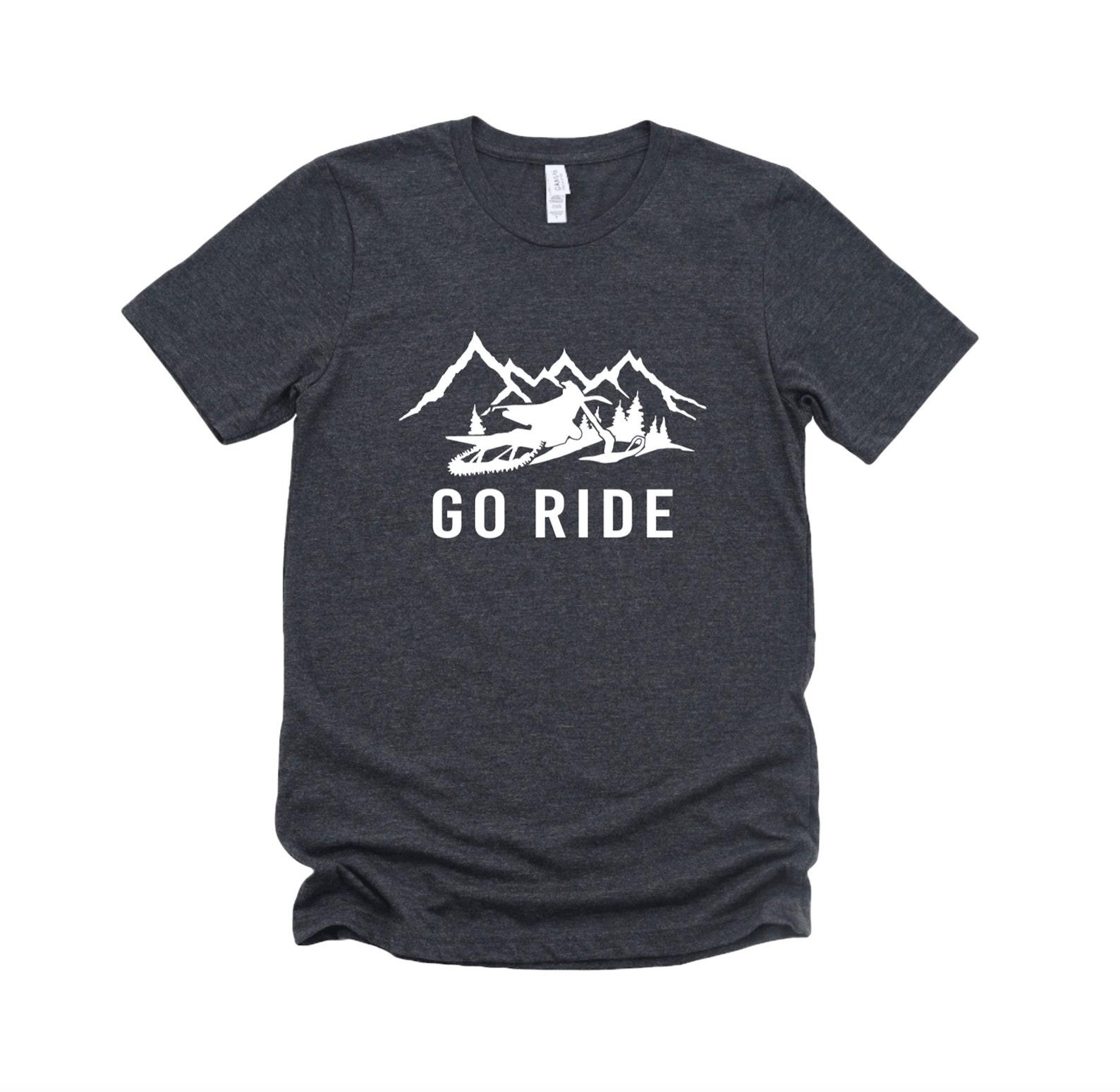 Go Ride Snow Bike Unisex Graphic Tee, Short Sleeve T-Shirt, Dirt Bike, Mountains L