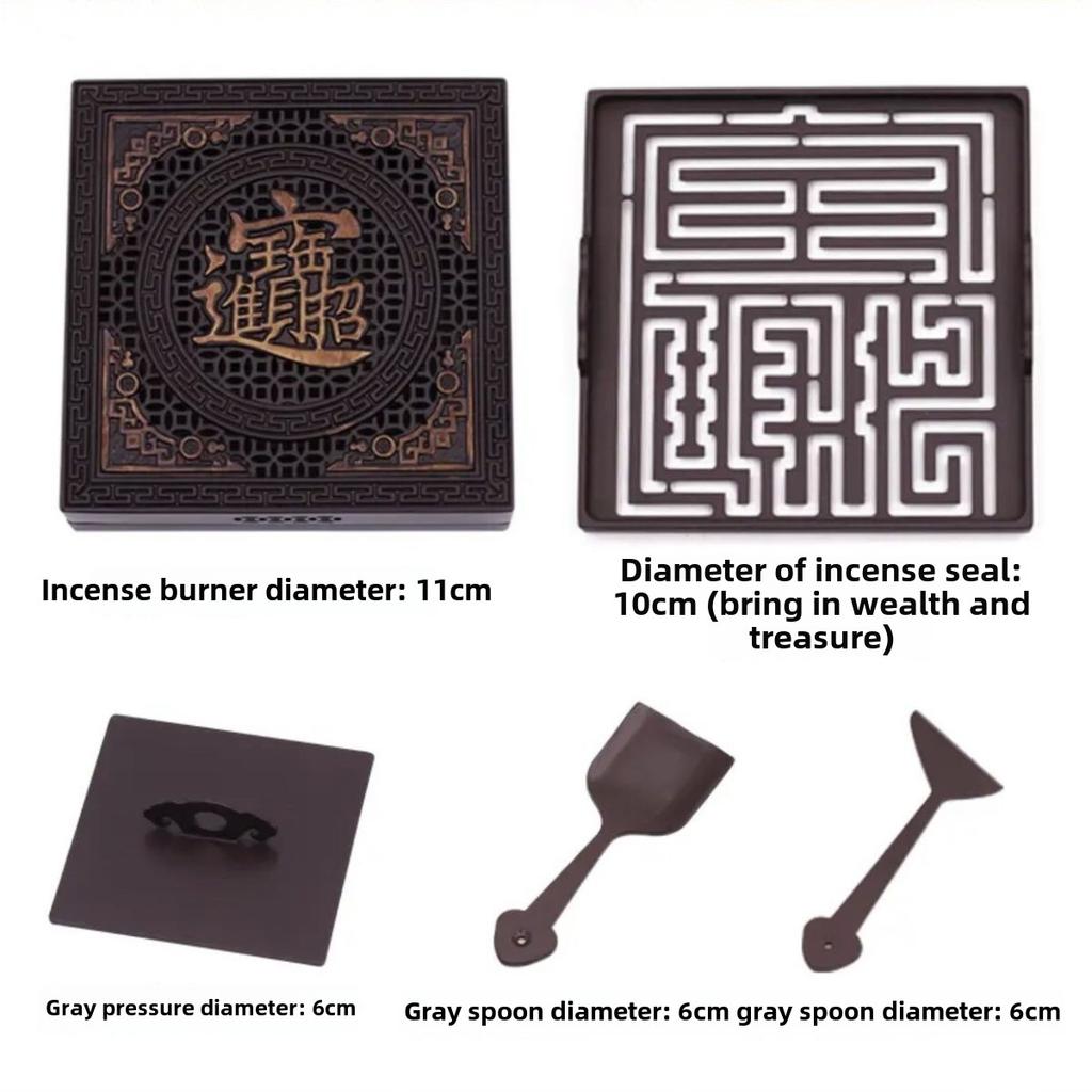 Chinese Incense Burner Pure Copper Square Furnace Carving Incense Set Incense Seal Tools Integrated Furnace