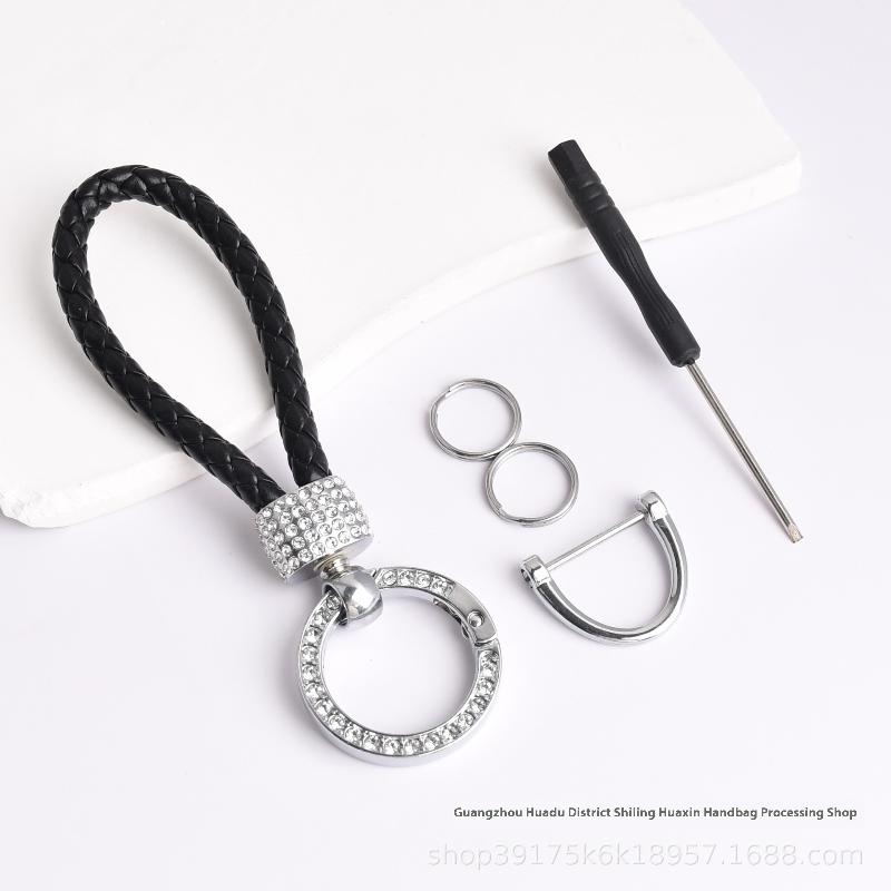 Handcrafted Braided Rope Keychain Sparkling Rhinestones - Stylish Monochrome Car Key Ring Fashion-Forward Accessory