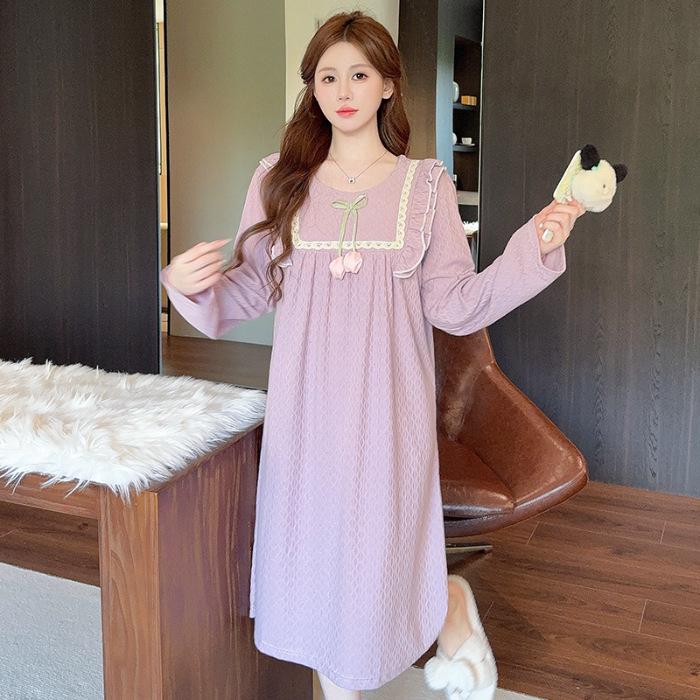 Spring & Autumn Korean Jacquard Maternity Slimming Lace Pajamas - Women's Long Sleeve Mid-Length Plus Size Sleep Dress