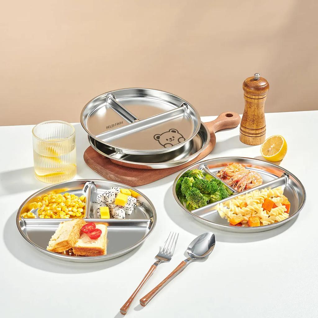 WORTHBUY Round Dinner Plate With Compartments 304 Stainless Steel Divided Dinner Dish Fruit Salad Food Plates Kitchen Tableware