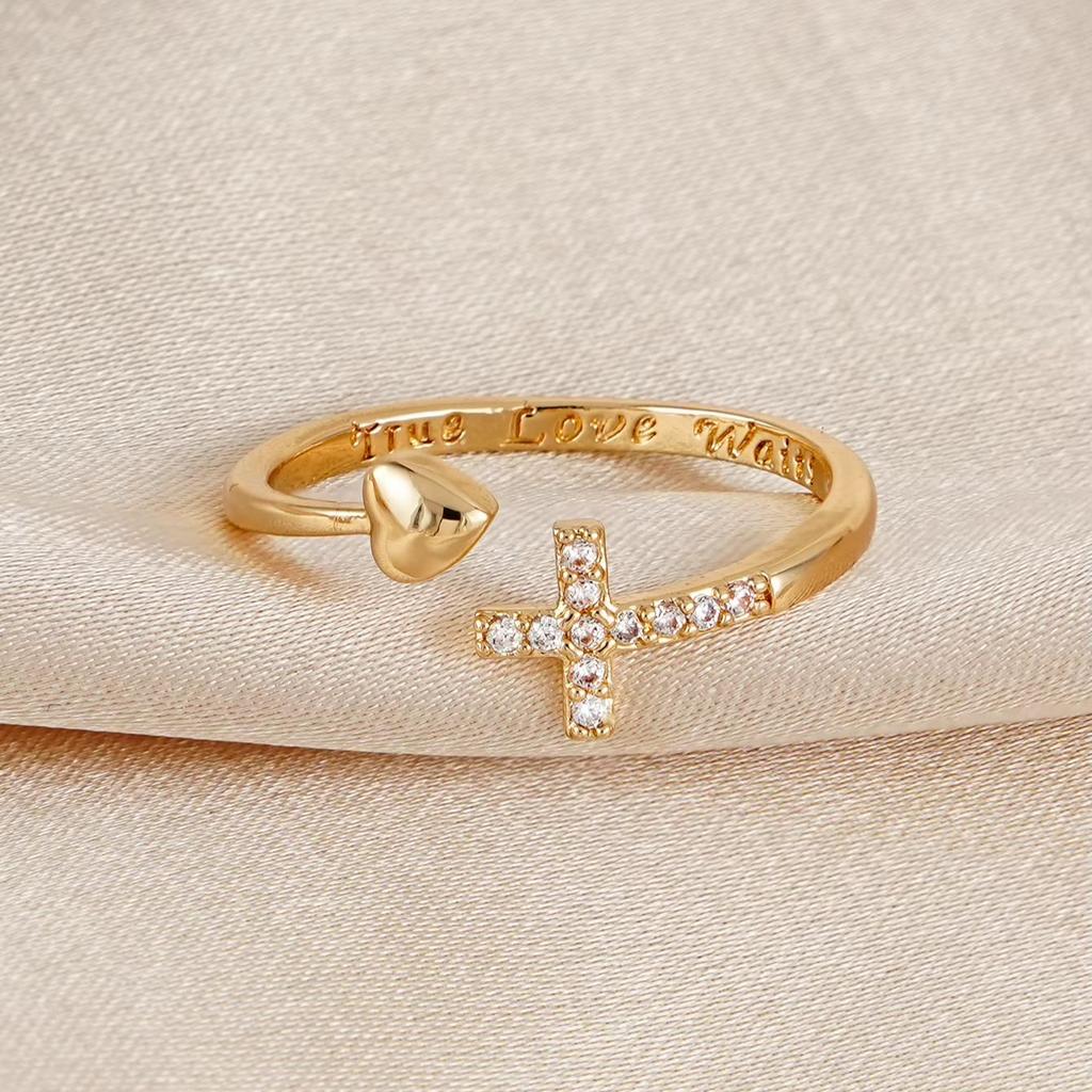 Minimalist Fashion Engraved Shiny Heart Cross Open Ring Suitable for Dates Parties Daily Jewelry
