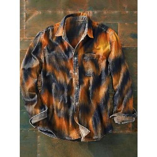 Retro-style Colour-block Print Men’s Long-sleeved Button-down Shirt