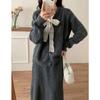 Lace lace-up crew neck sweater two-piece set autumn and winter new knitted cardigan jacket + skirt set women