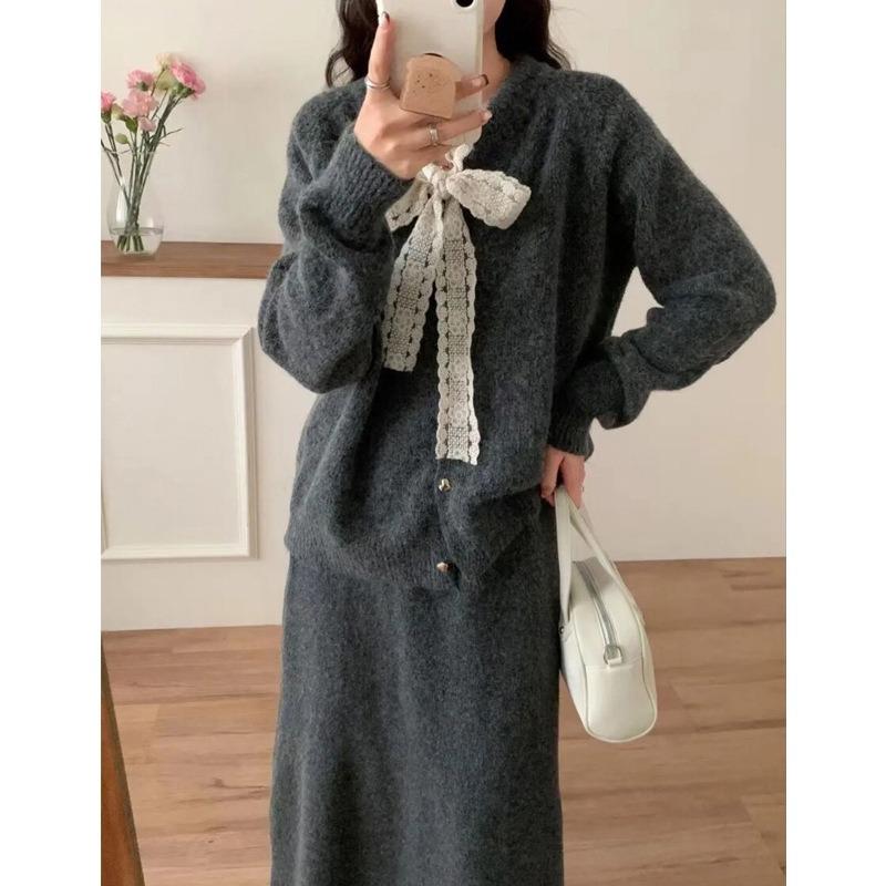 Lace lace-up crew neck sweater two-piece set autumn and winter new knitted cardigan jacket + skirt set women