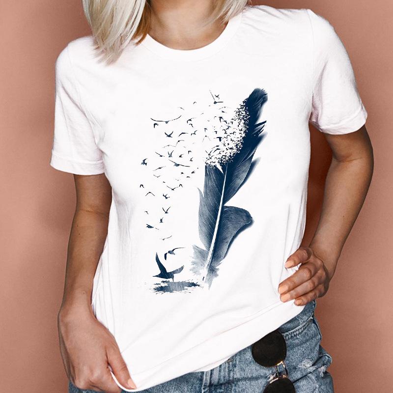 Fashion Feather Graphics Women T-Shirts Summer 90S Blouse Short Sleeve Tees O-Neck Female Tops Streetwear Y2K Clothing